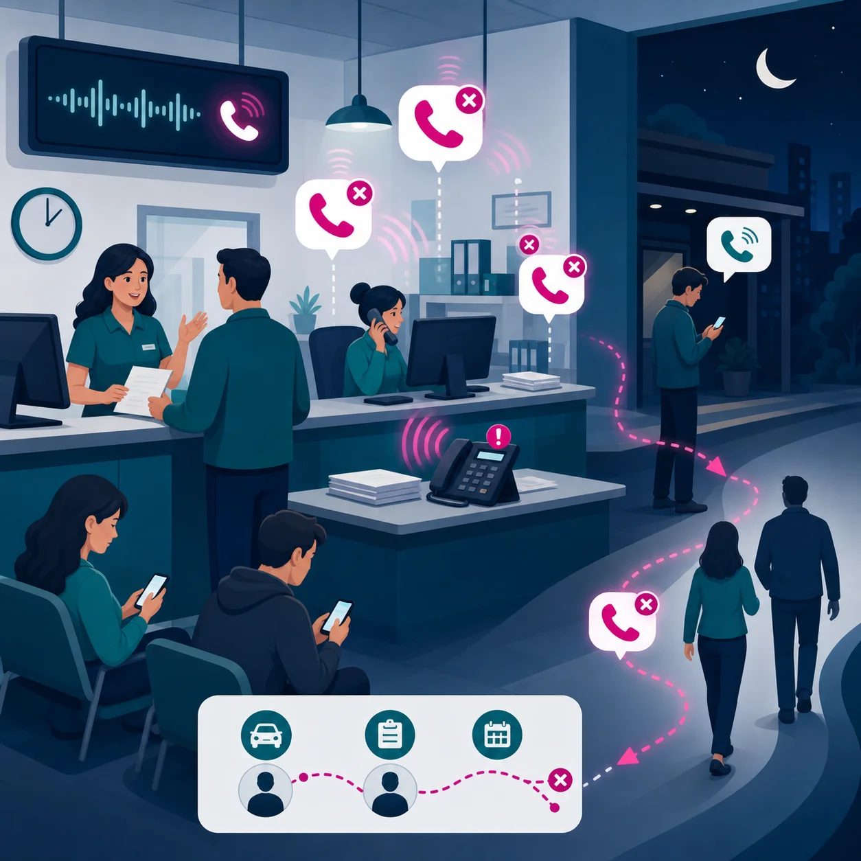 Illustration of a busy registration office missing incoming customer calls