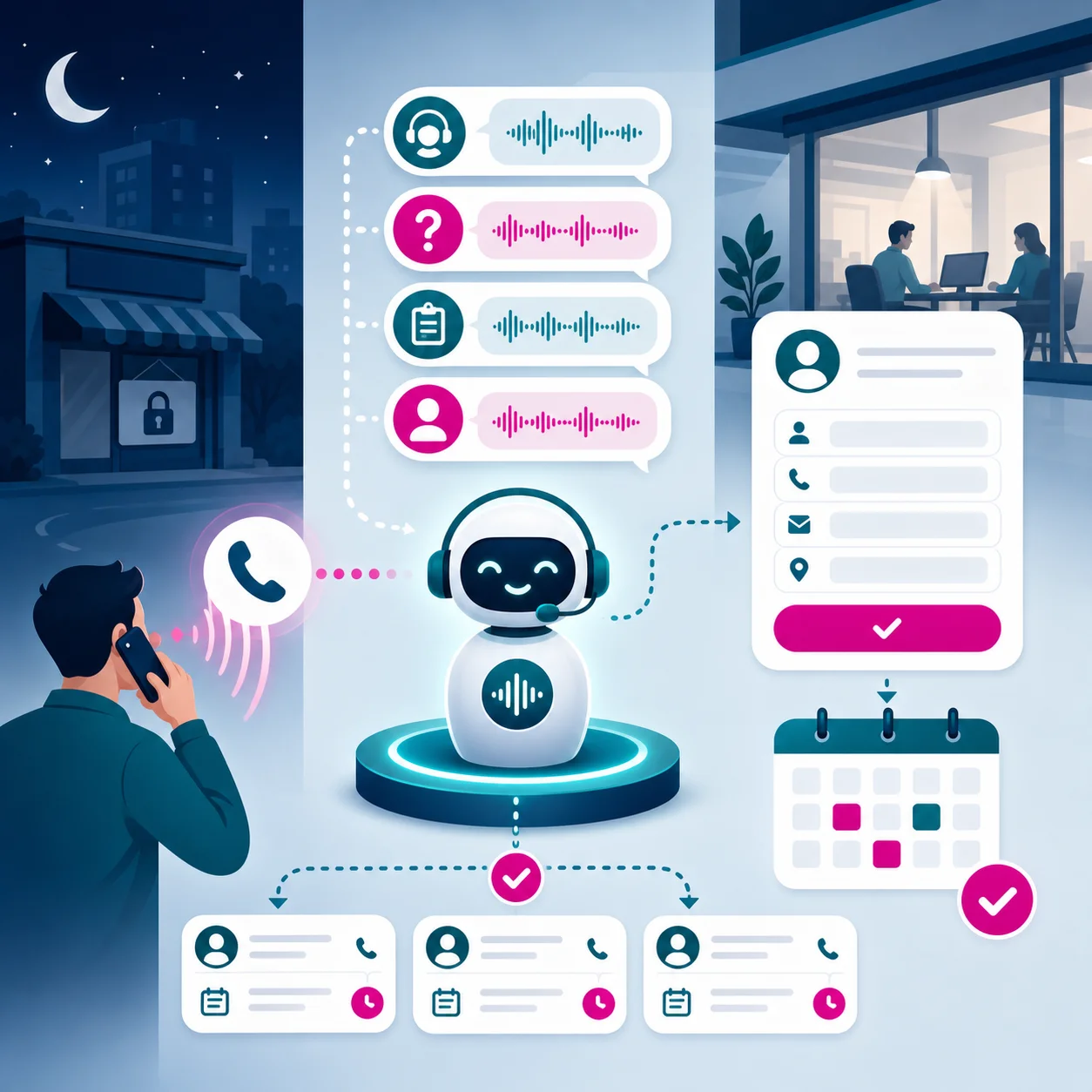 Illustration of an AI voice receptionist answering calls and routing customer details