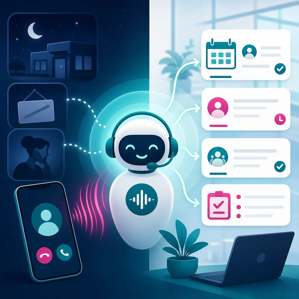 Illustration of an AI voice receptionist routing incoming calls into appointments