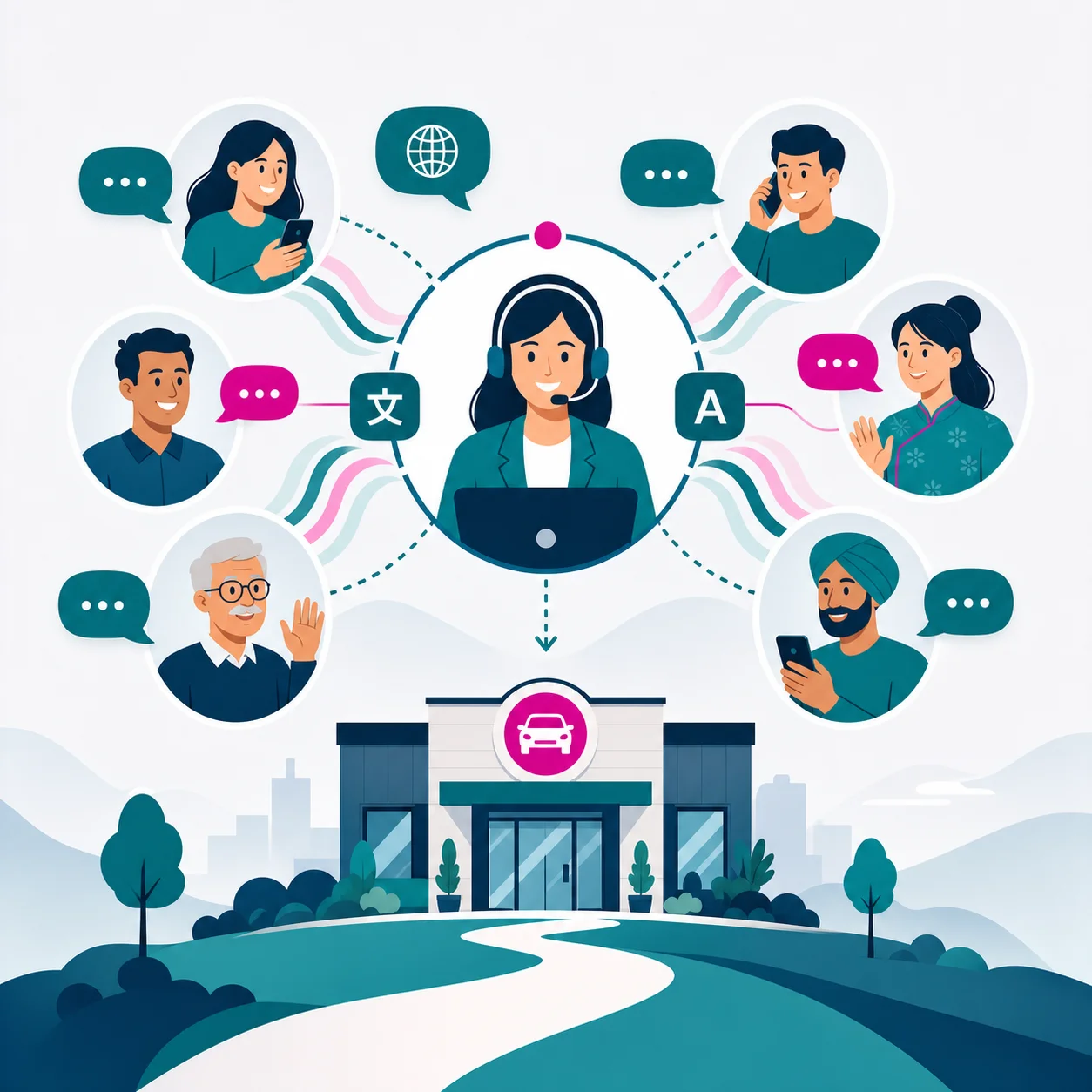 Illustration of multilingual customer conversations connecting into one service path