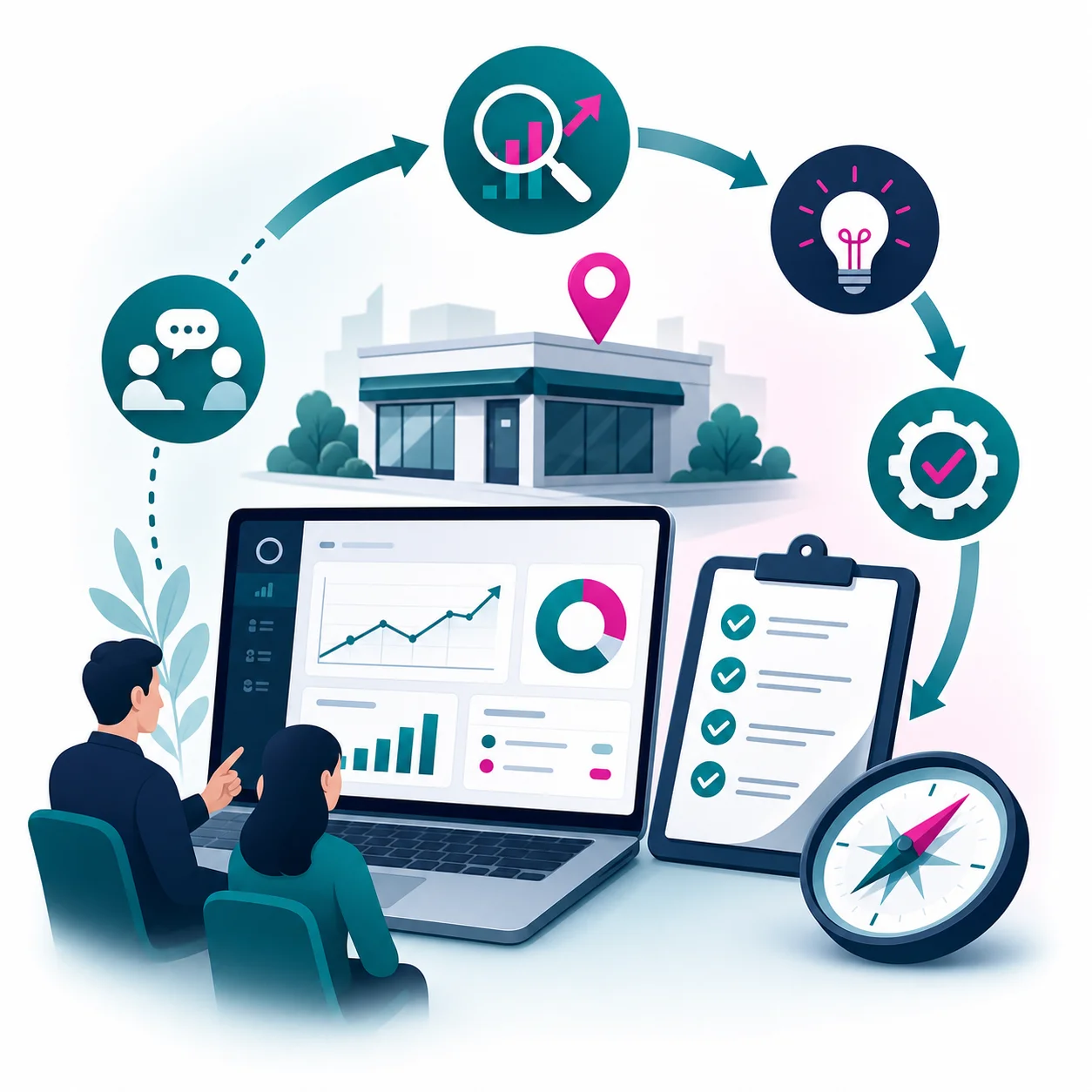 Illustration of ongoing business improvement check-ins and growth opportunities