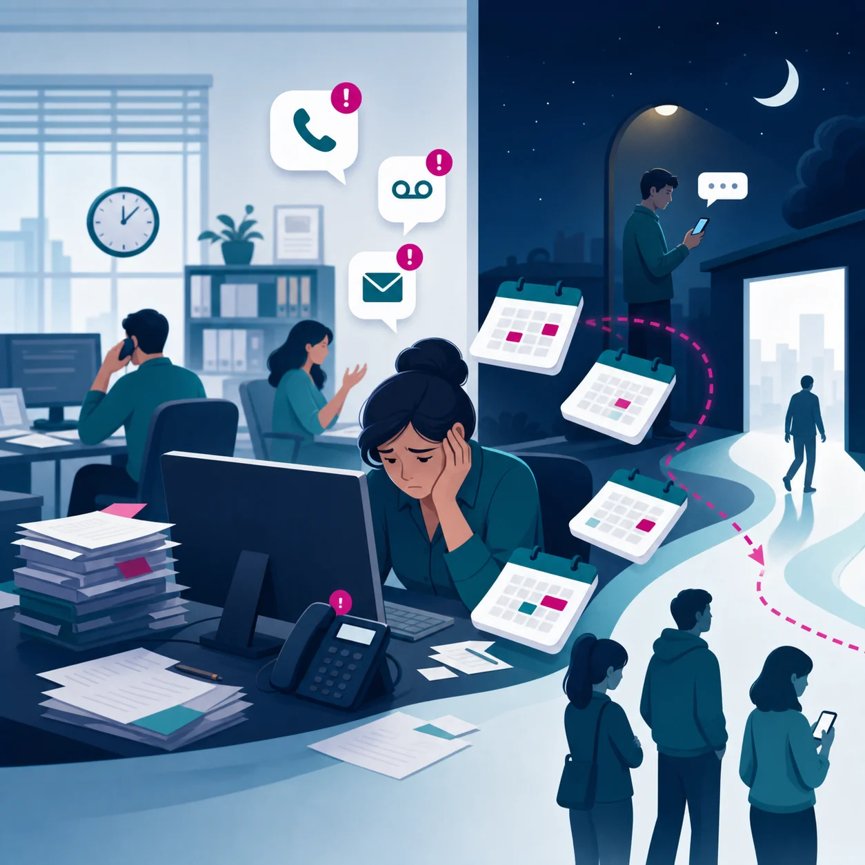 Illustration of missed calls and scattered appointment requests at a registration office