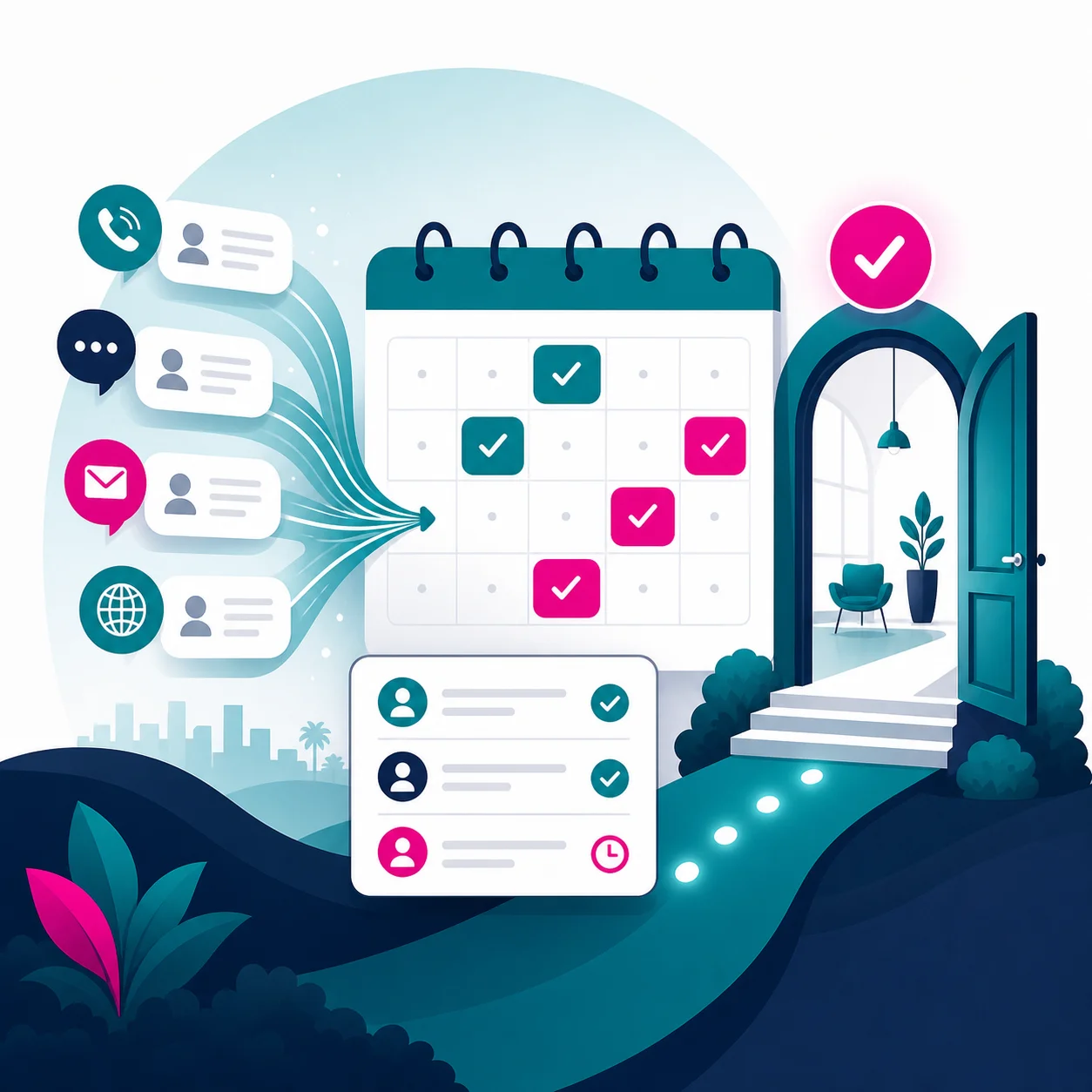 Illustration of customer requests turning into booked appointment slots