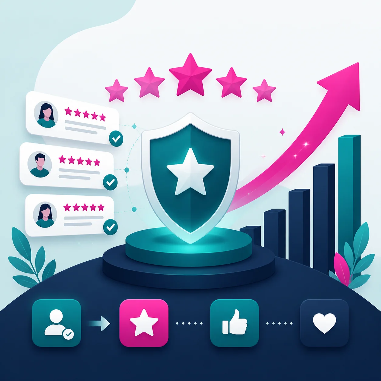 Illustration of review cards, stars, and reputation growth