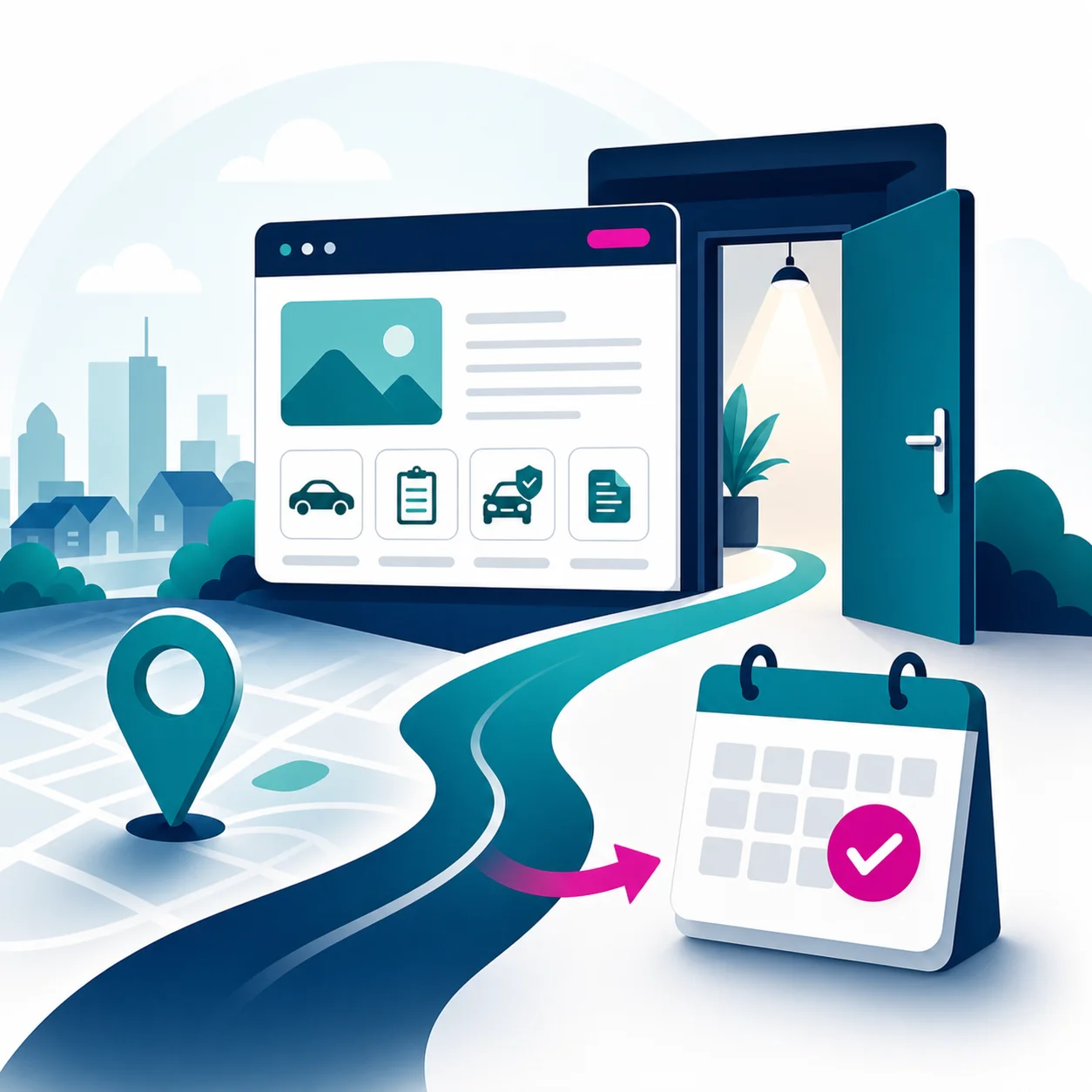 Illustration of local customers finding a DMV Partner website and booking online